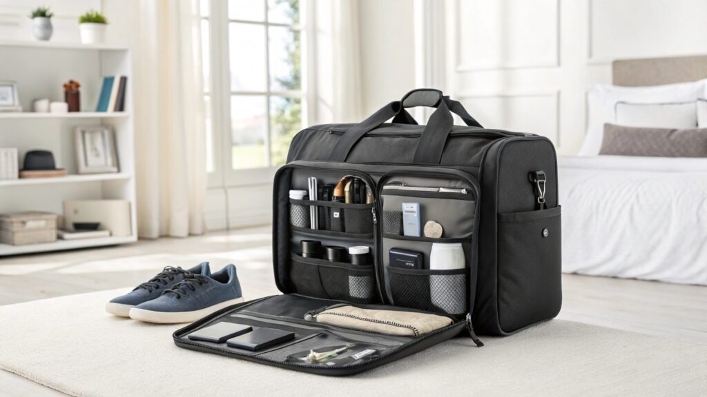 Black duffle bag organized compartments stylish design