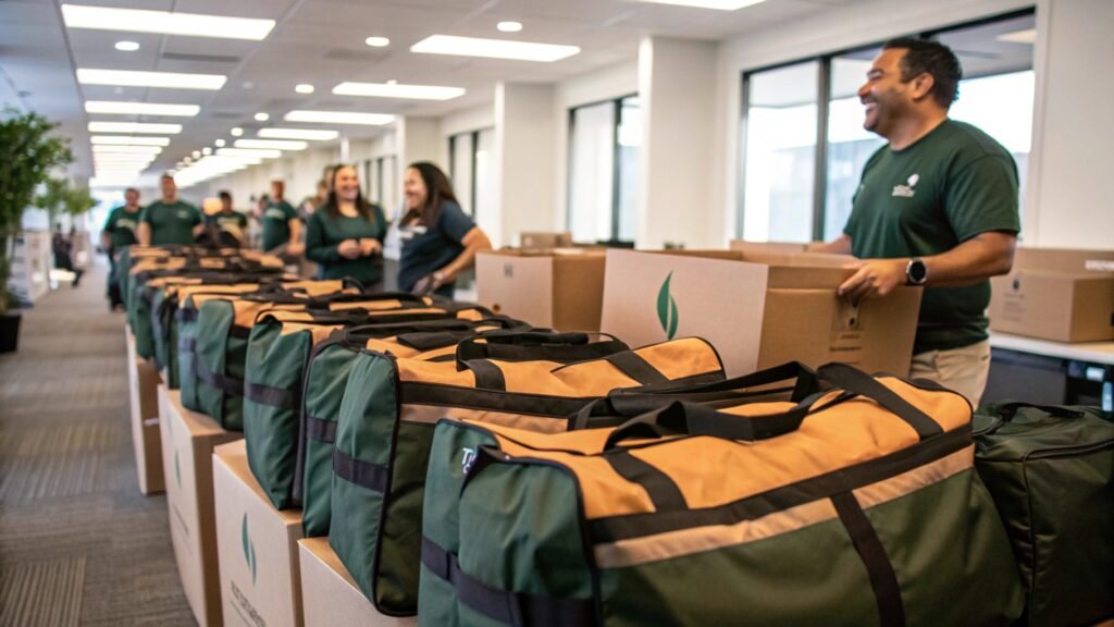 Green and tan duffle bags distribution event organized display