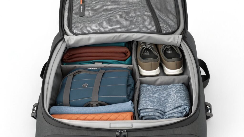 Close-up of a packed backpack with clothes and shoes inside