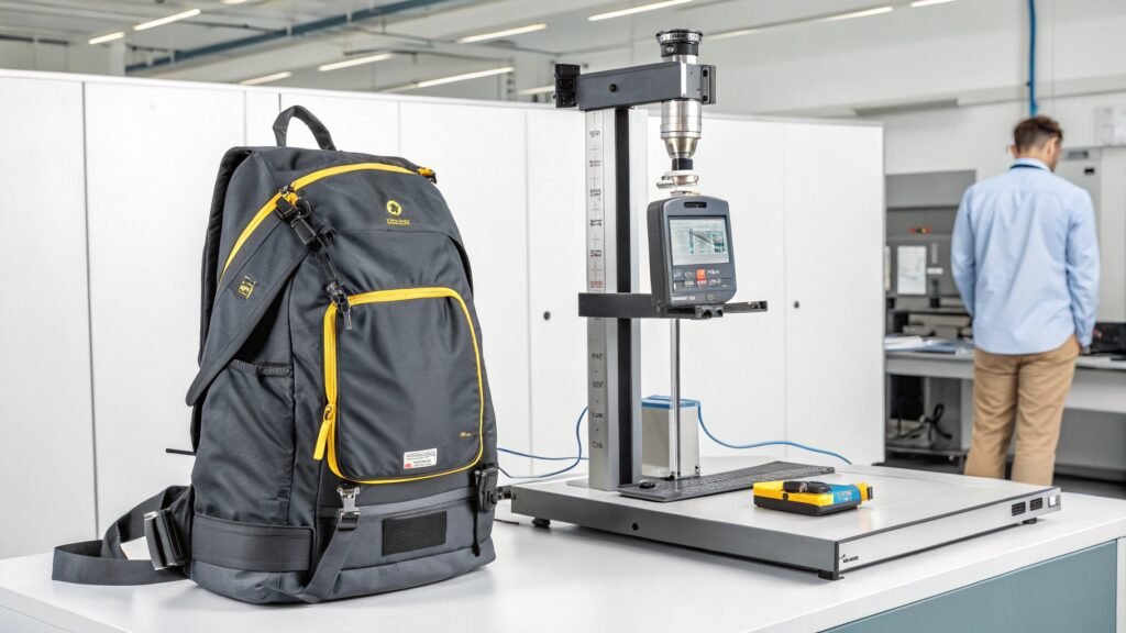 Backpack undergoing durability testing in a lab environment