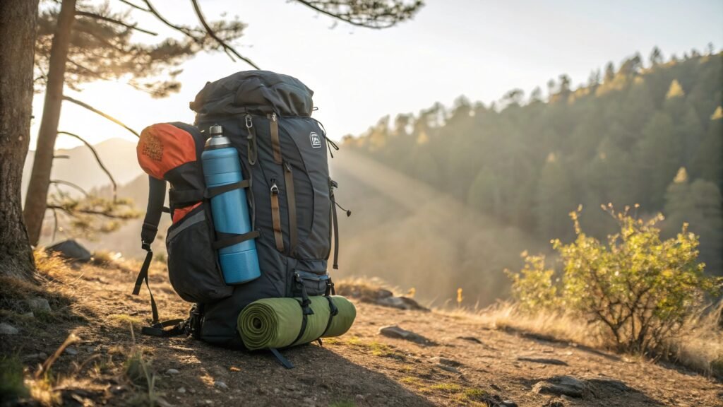 Rugged hiking backpack with water bottle and sleeping mat in nature