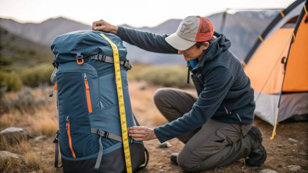 Man measuring hiking backpack dimensions with a tape measure in nature