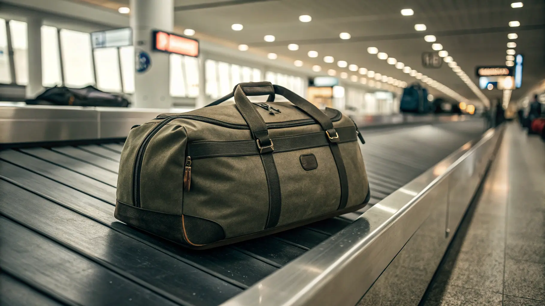 Travel duffel bag, inside an airport, placed on luggage conveyor belt