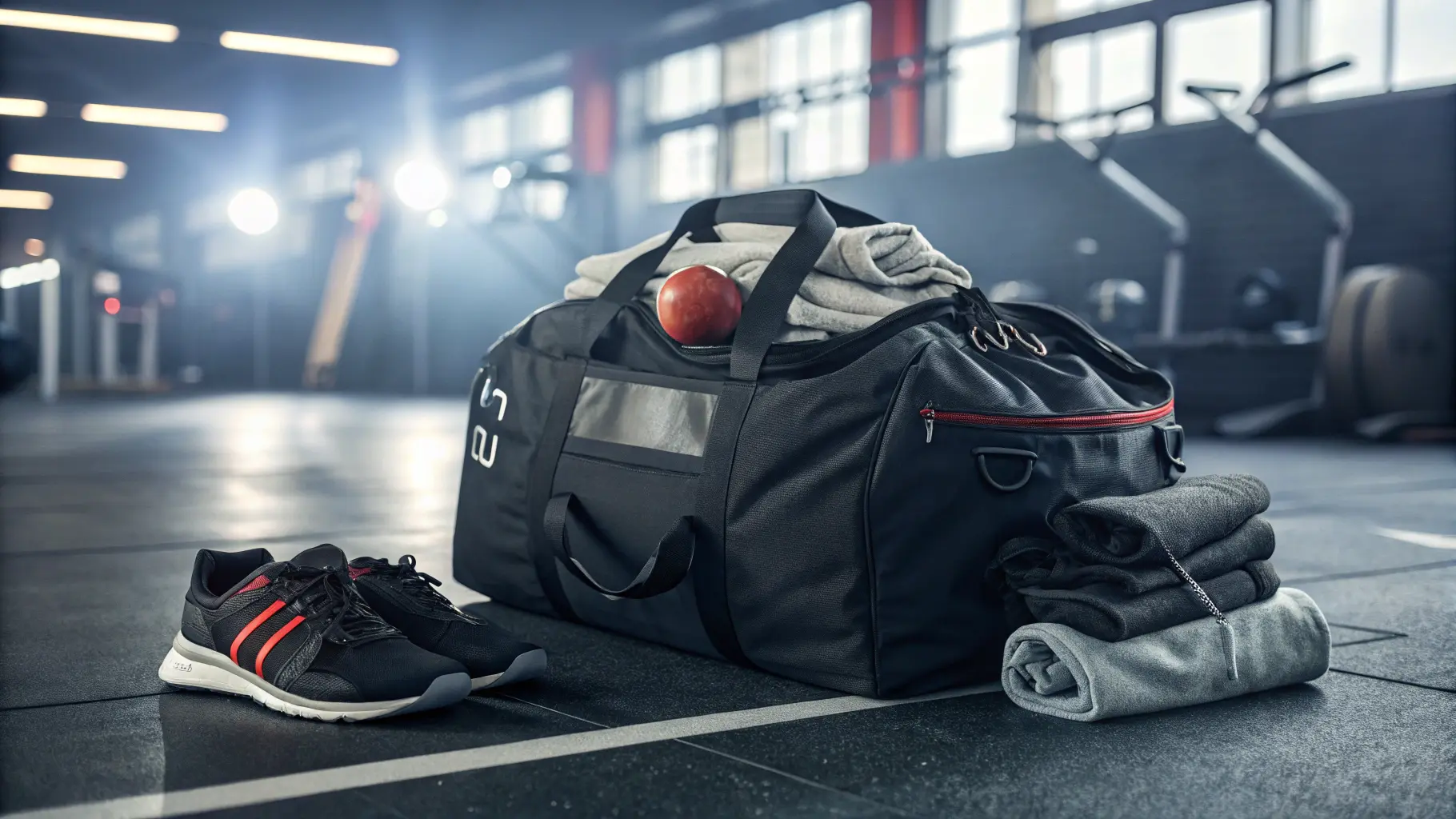 Sporty nylon duffel bag, packed with gym clothes, placed in the gym