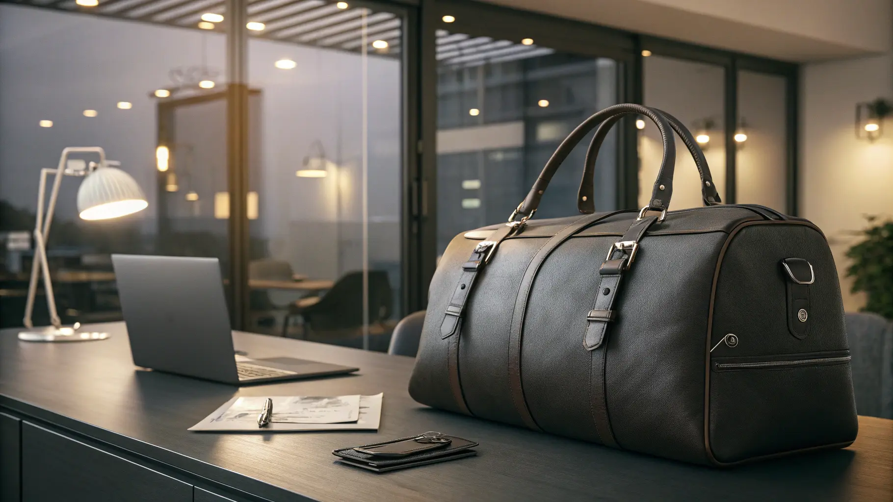 Luxurious leather duffel bag, elegantly placed on a table in an office setting