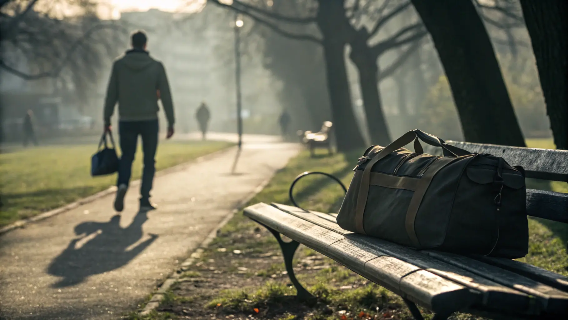 Duffel bag placed on a bench in a crowded park, early morning scene