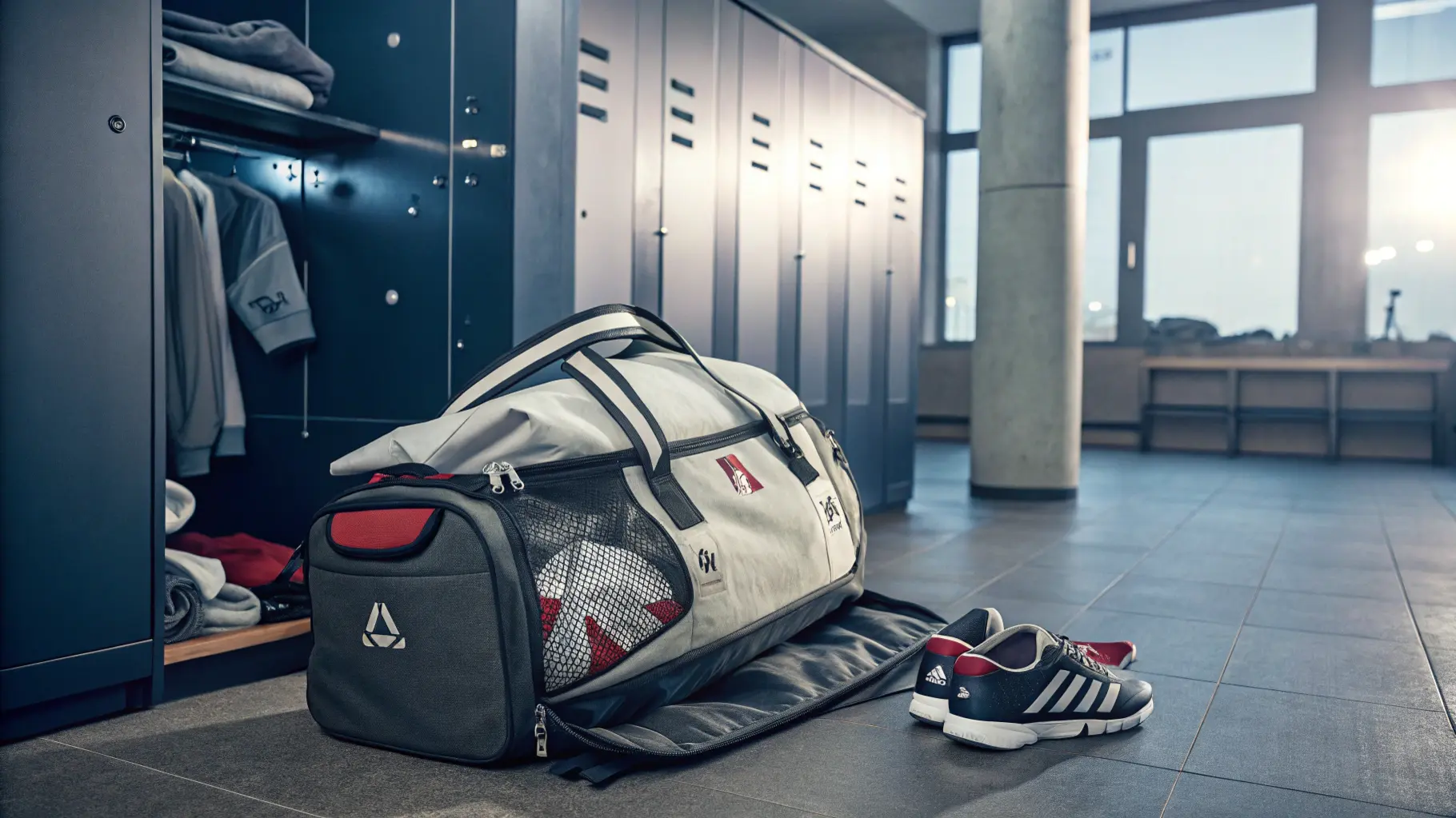 High-performance sports duffel bag, packed with sports gear, placed in a locker room