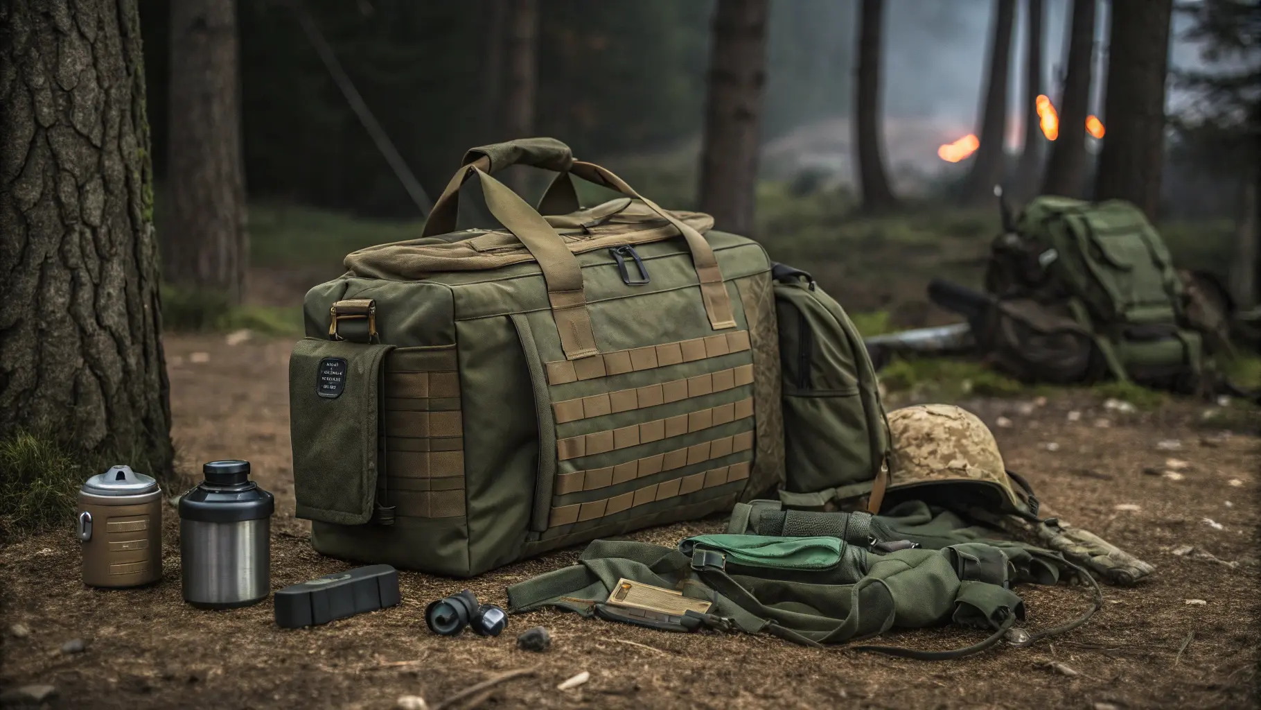 Tactical duffel bag, designed for outdoor survival, placed on the ground with gear