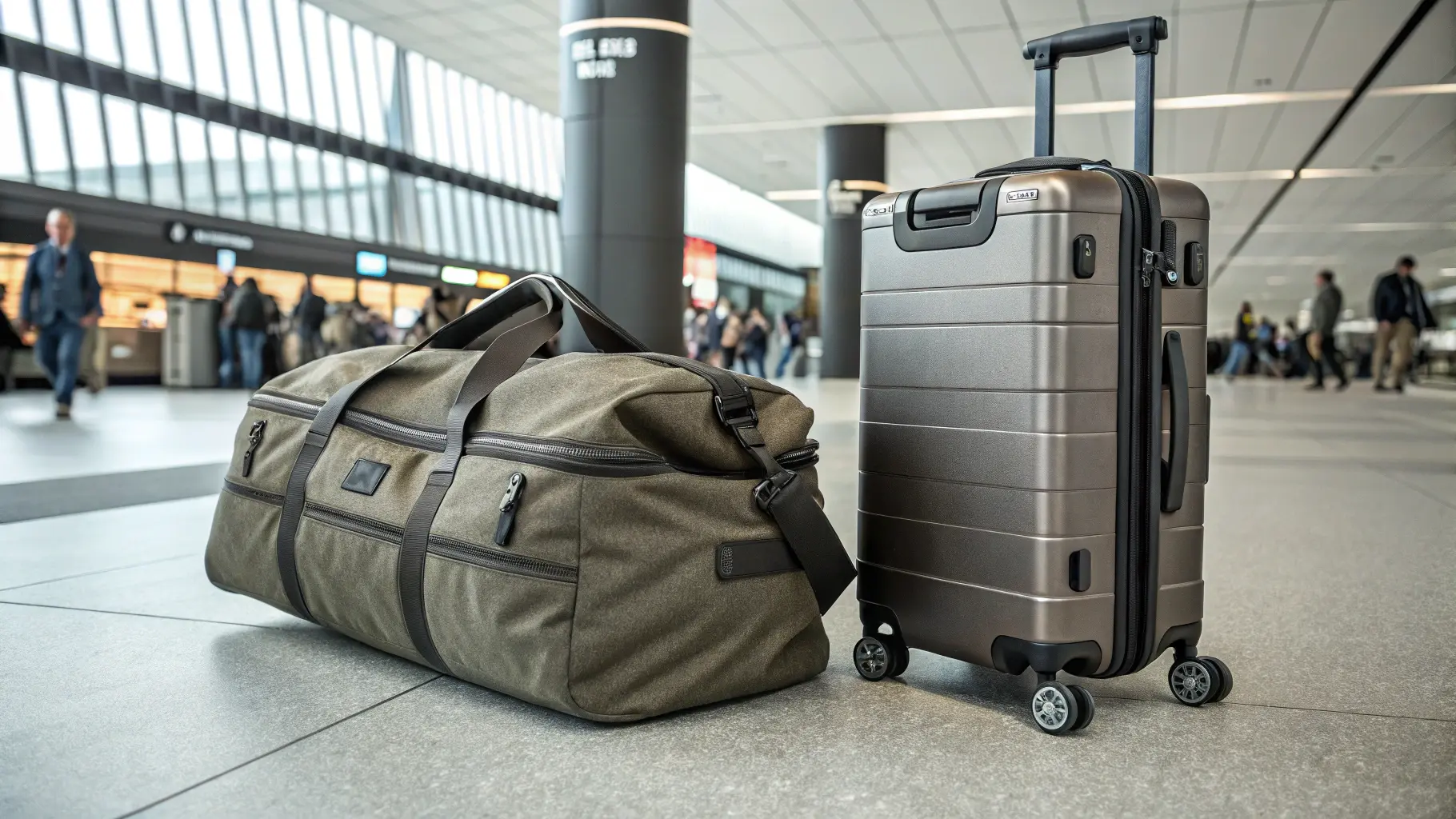 Duffel bag and suitcase, side by side, in a busy airport terminal