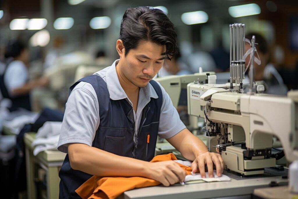 a male worker sewing laptop backpack